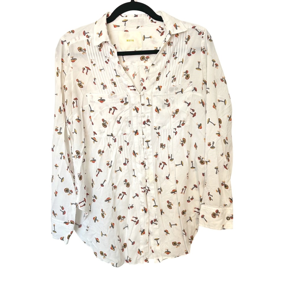 Anthropologie Maeve Small Mushroom pattern pintuck Long sleeve button up blouse